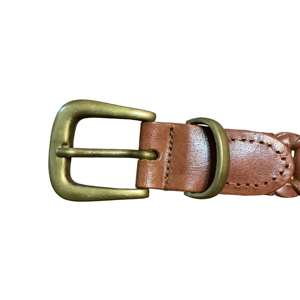 Vintage Brown Woven Braided Genuine Leather Belt Brass‎ Buckle Size L 38 Inch